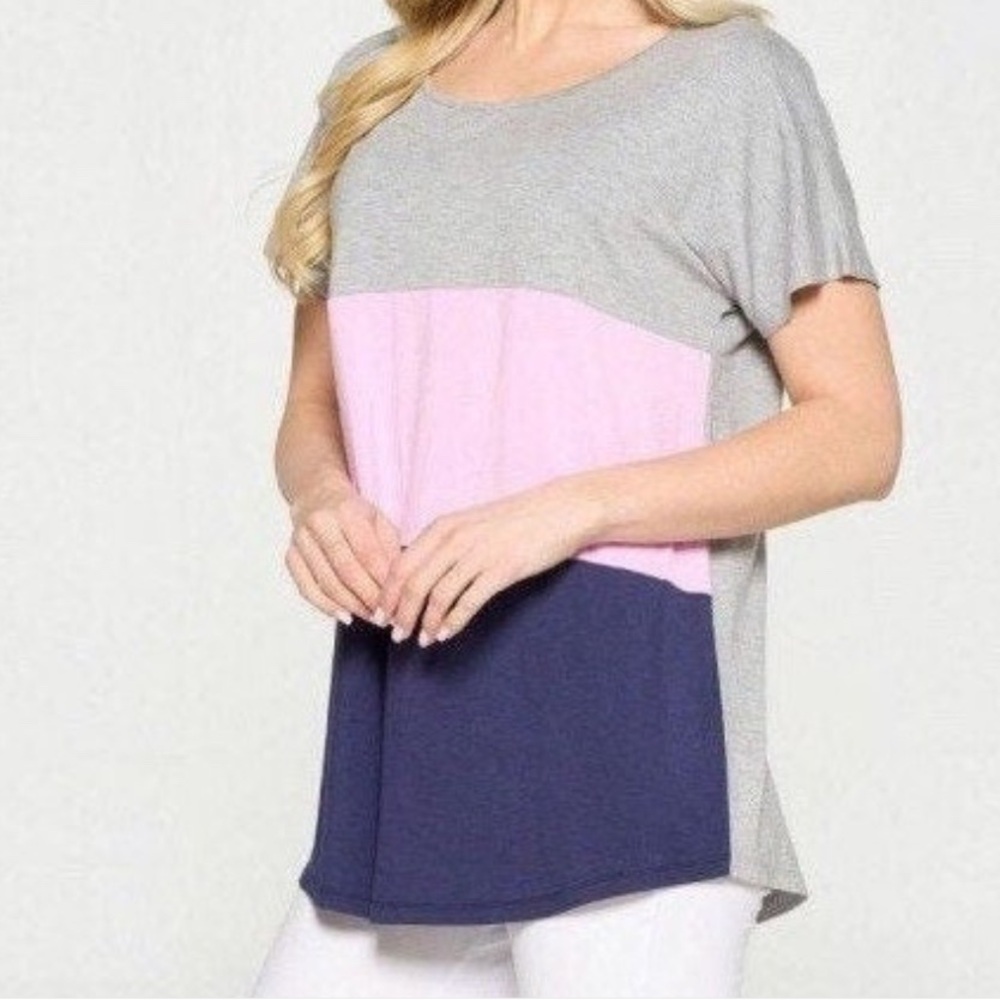 Color Block Women's Top - Gray, Pink, and Blue